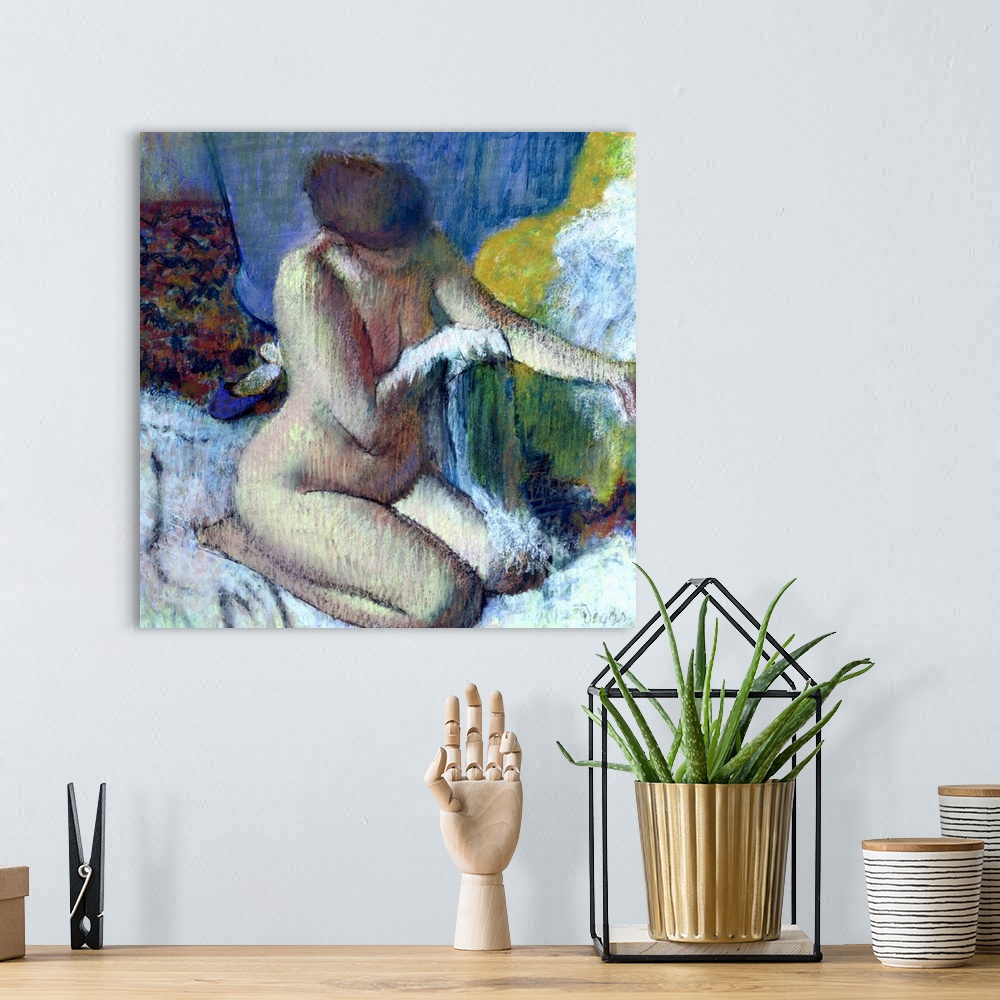 A bohemian room featuring Square pastel drawing on canvas of a woman bathing herself.