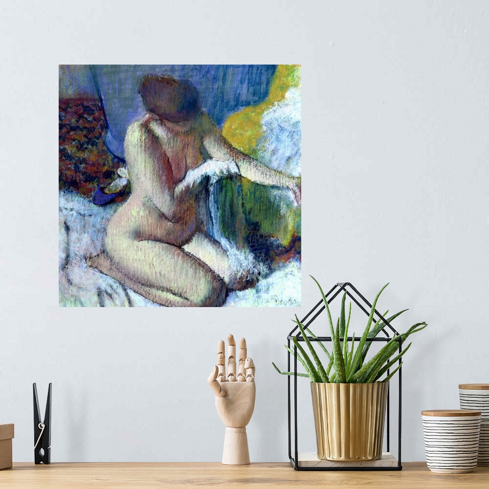 A bohemian room featuring Square pastel drawing on canvas of a woman bathing herself.