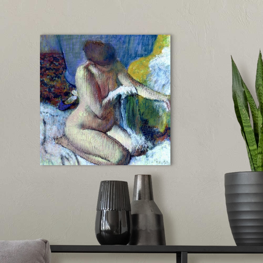 A modern room featuring Square pastel drawing on canvas of a woman bathing herself.