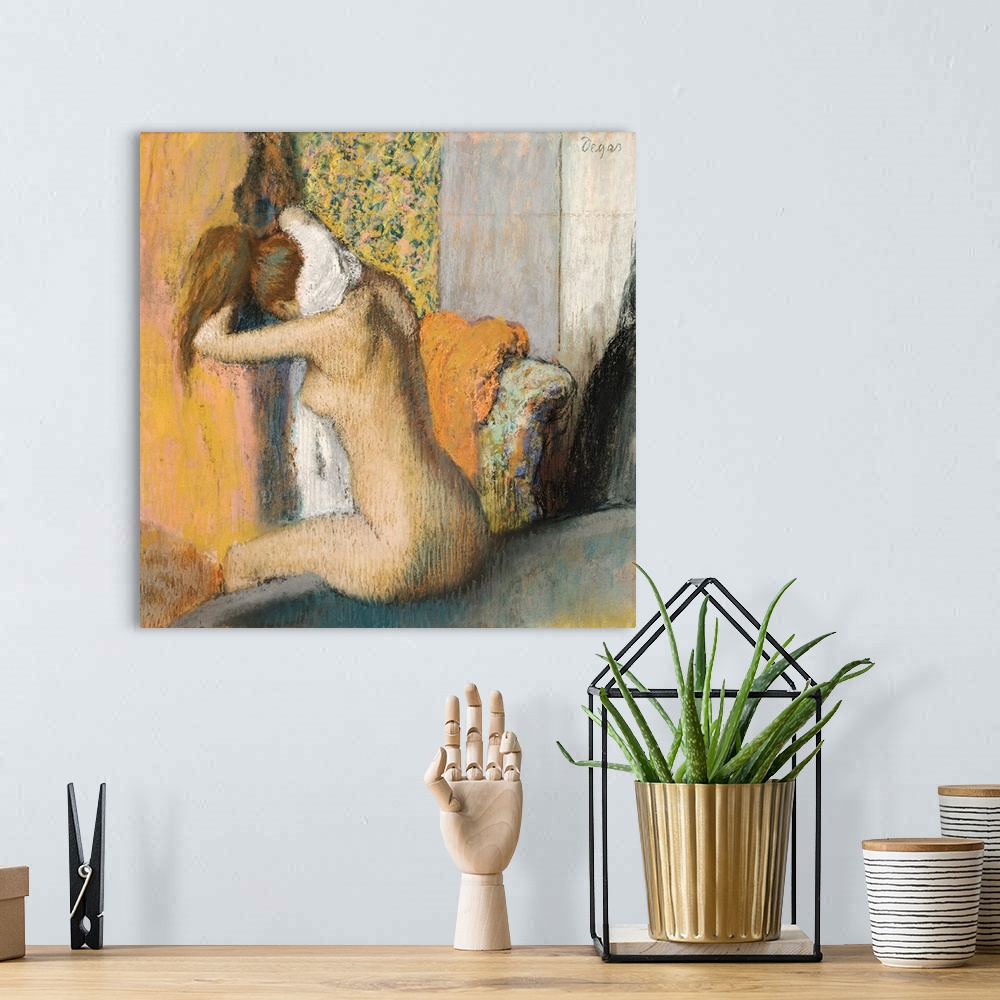 A bohemian room featuring Drawing by an Impressionist master of a nude woman available on square shaped wall art.