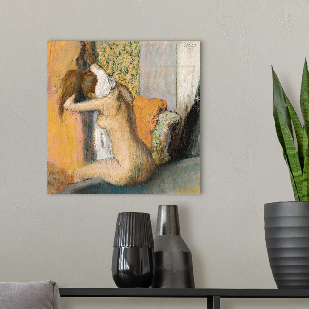 A modern room featuring Drawing by an Impressionist master of a nude woman available on square shaped wall art.