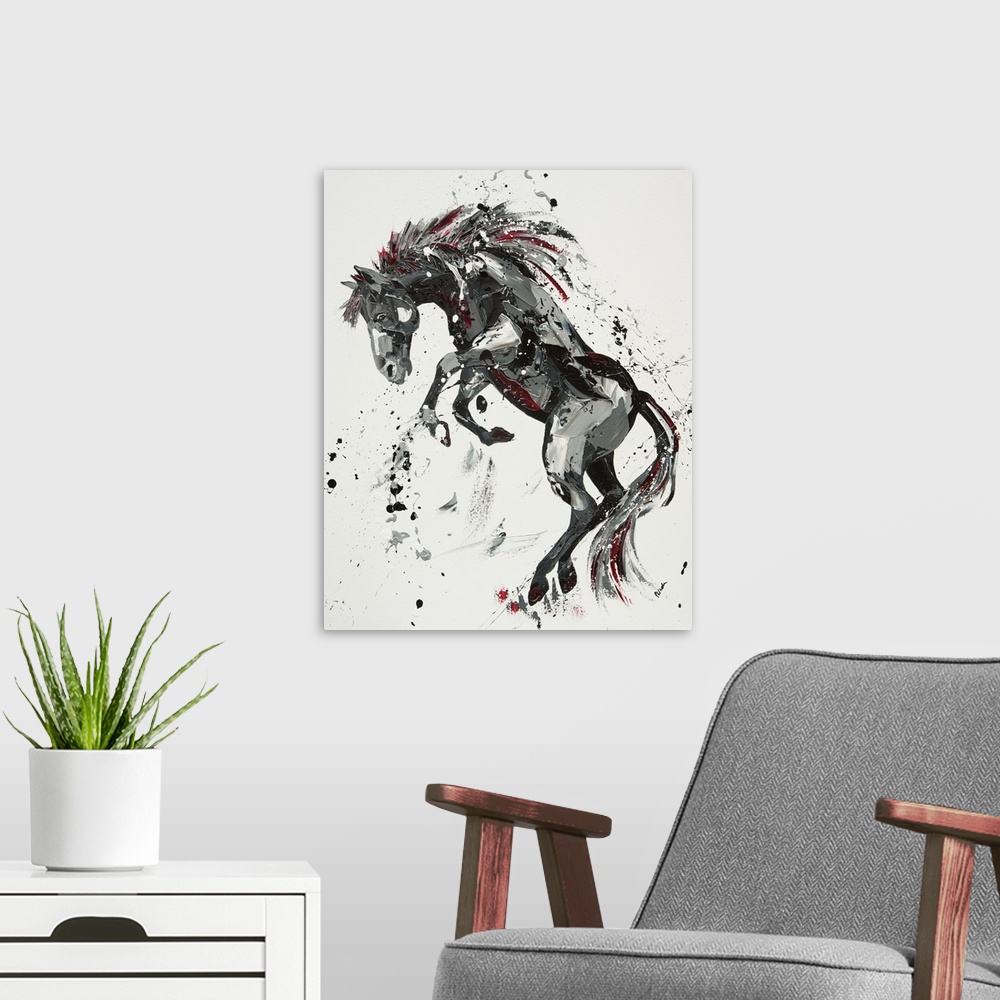A modern room featuring Contemporary painting of a rearing horse in shades of black with red.