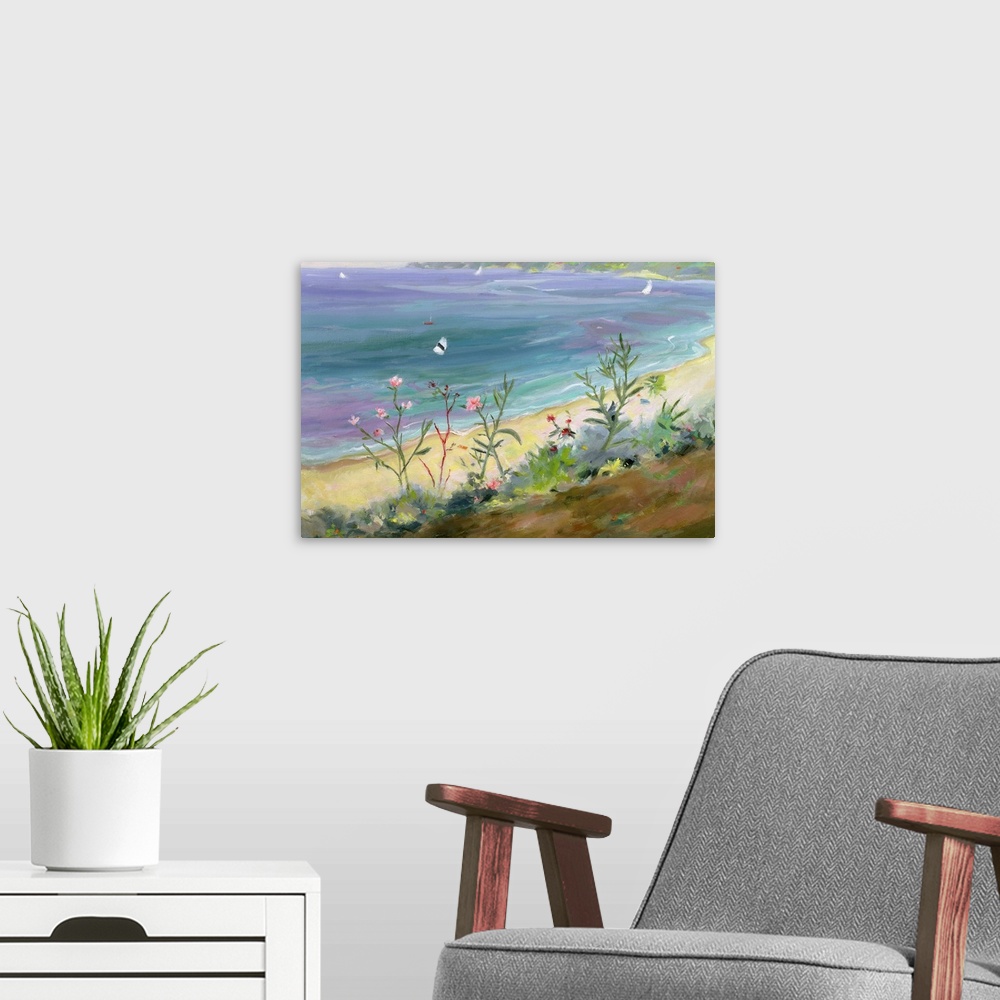 A modern room featuring A landscape painting of wildflowers growing along the Grecian shore of a pastel colored sea.