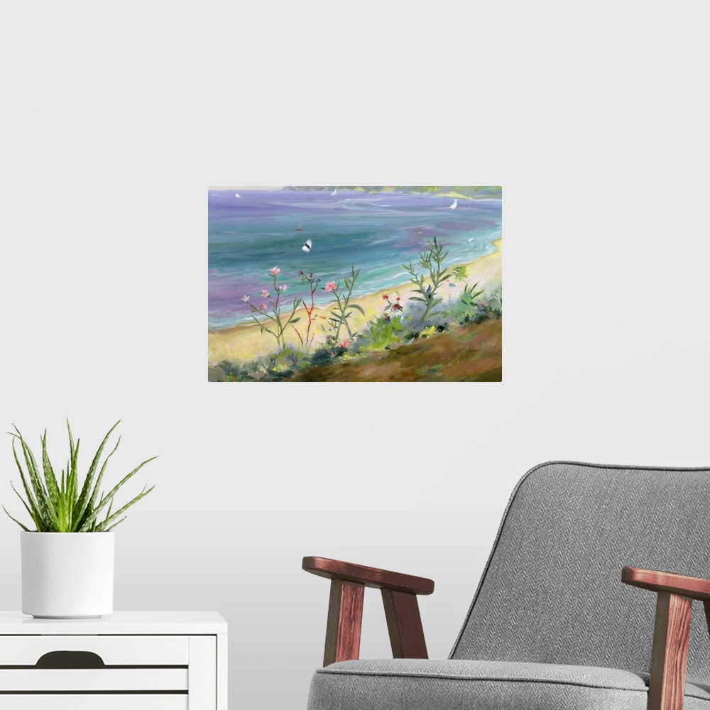 A modern room featuring A landscape painting of wildflowers growing along the Grecian shore of a pastel colored sea.