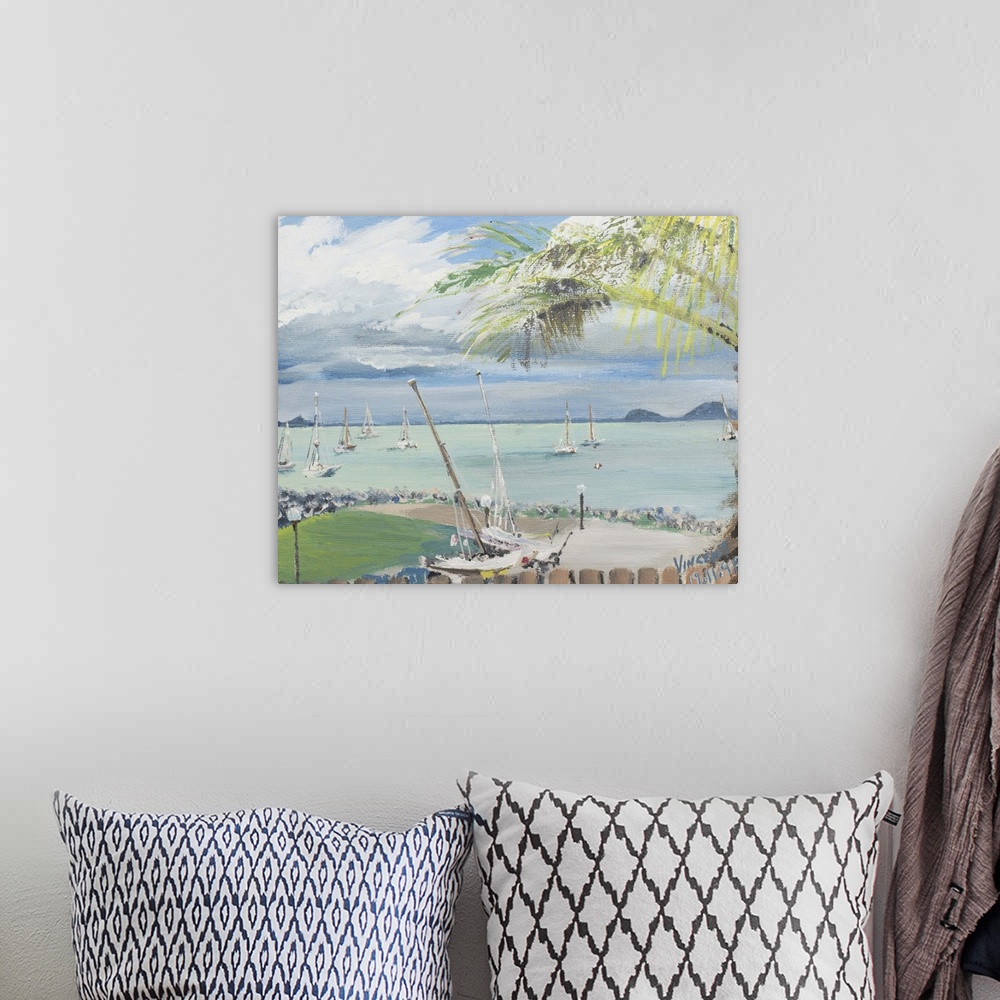 A bohemian room featuring Contemporary painting of a beach in Australia.