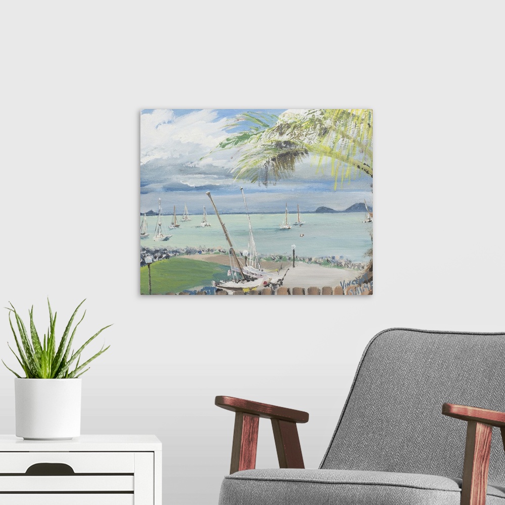 A modern room featuring Contemporary painting of a beach in Australia.