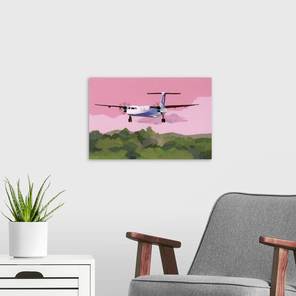 A modern room featuring Airplane Landing At A Small Airfield, 2015