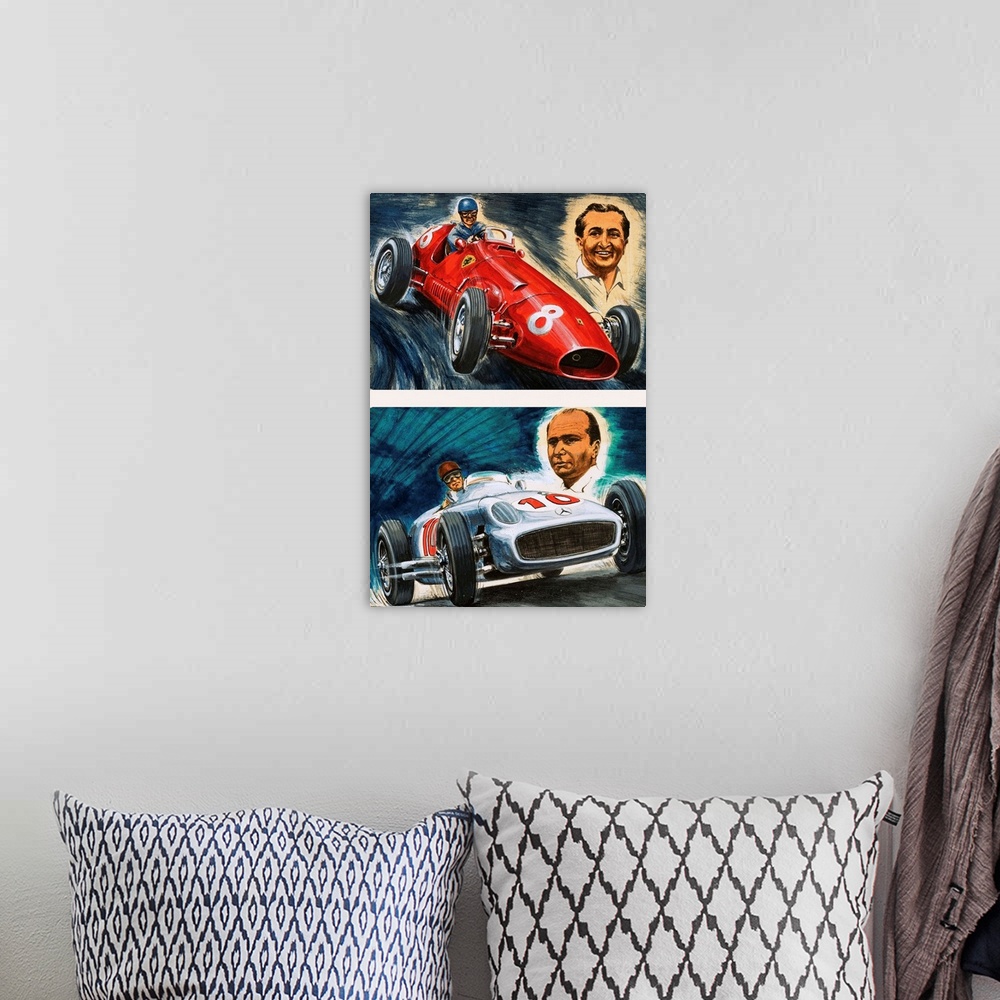 A bohemian room featuring Alberto Ascari driving a Maserati and Juan Manuel Fangio driving a Mercedes-Benz
