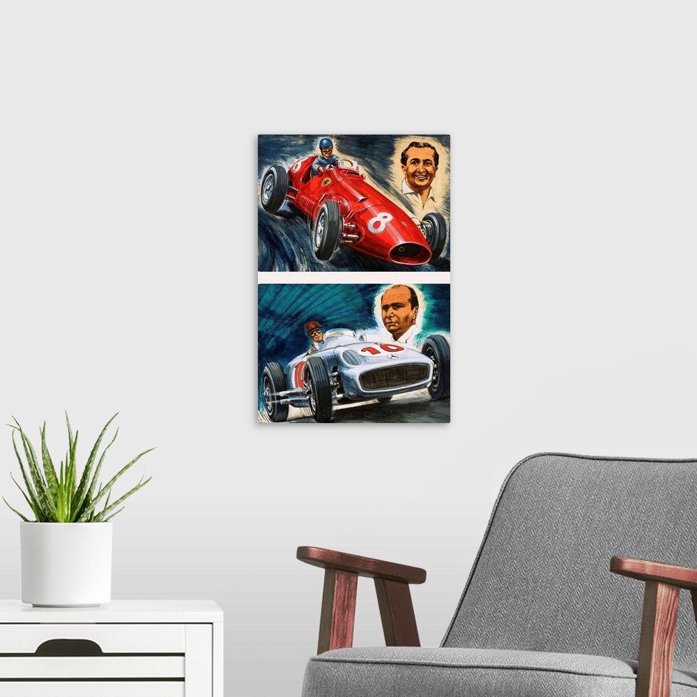 A modern room featuring Alberto Ascari driving a Maserati and Juan Manuel Fangio driving a Mercedes-Benz