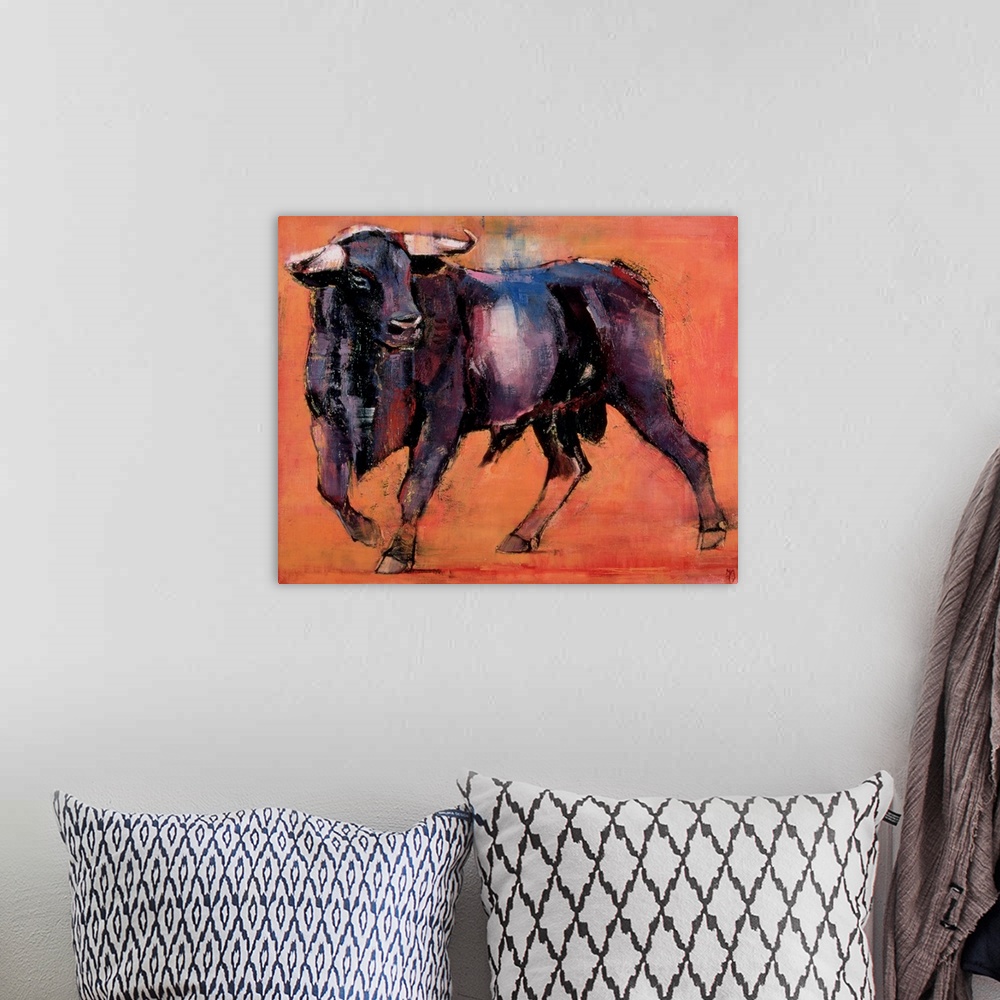 A bohemian room featuring Contemporary oil painting of a bull, head turned, with dark coat and large horns on a rusty orang...
