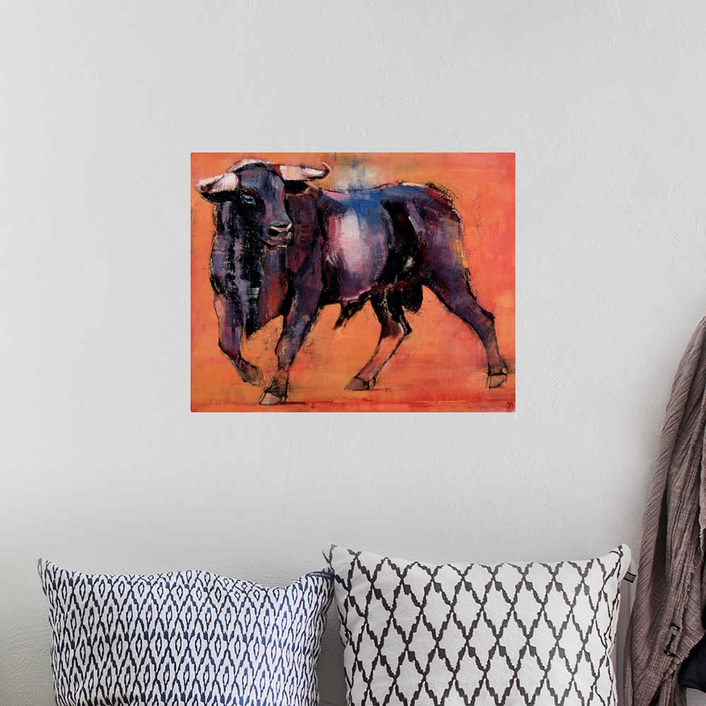 A bohemian room featuring Contemporary oil painting of a bull, head turned, with dark coat and large horns on a rusty orang...
