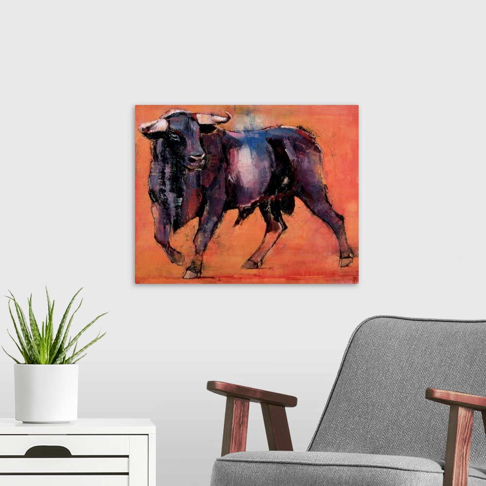 A modern room featuring Contemporary oil painting of a bull, head turned, with dark coat and large horns on a rusty orang...