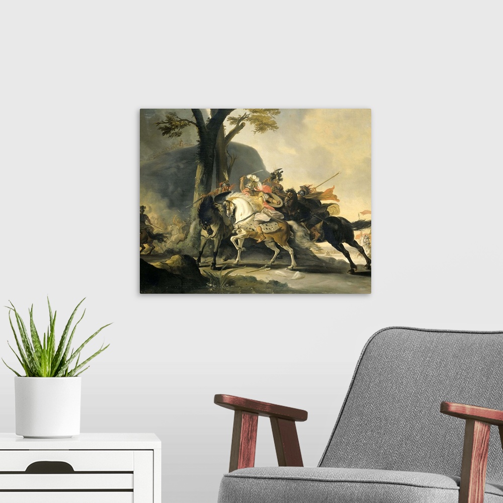 A modern room featuring Alexander the Great at the Battle of the Granicus River in 334 BC against the Persians, 1737, oil...