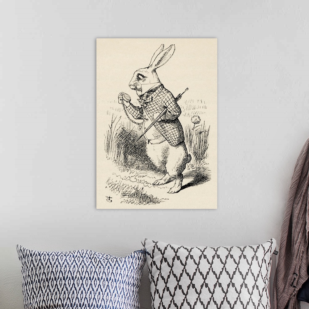 A bohemian room featuring Alice in Wonderland-the White Rabbit looks at his pocket watch, from the book by Lewis Carroll (C...