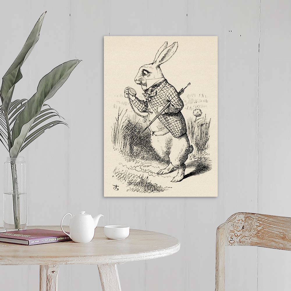 A farmhouse room featuring Alice in Wonderland-the White Rabbit looks at his pocket watch, from the book by Lewis Carroll (C...
