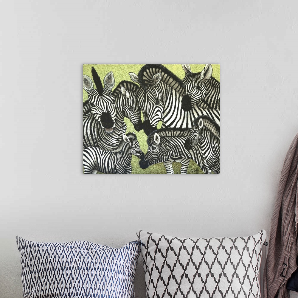 A bohemian room featuring Contemporary painting of a herd of zebras against a green background.