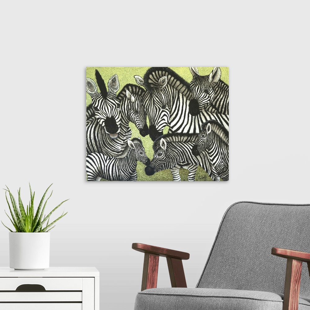A modern room featuring Contemporary painting of a herd of zebras against a green background.