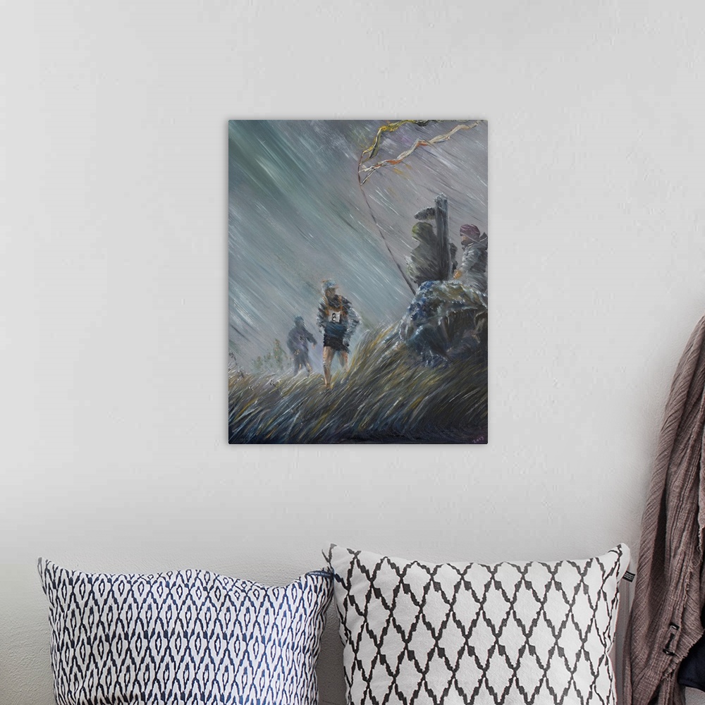 A bohemian room featuring Contemporary painting of soldiers pushing through a wall of rain in a storm.