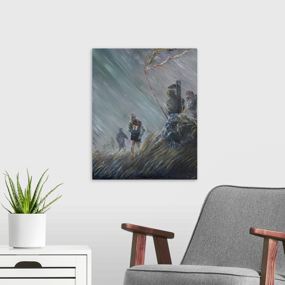 A modern room featuring Contemporary painting of soldiers pushing through a wall of rain in a storm.