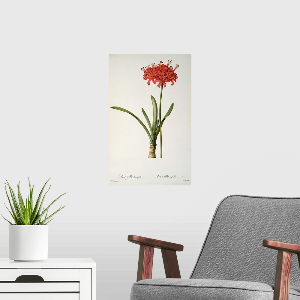 A modern room featuring Vertical painting on canvas of a brightly colored flower on a neutral backdrop.