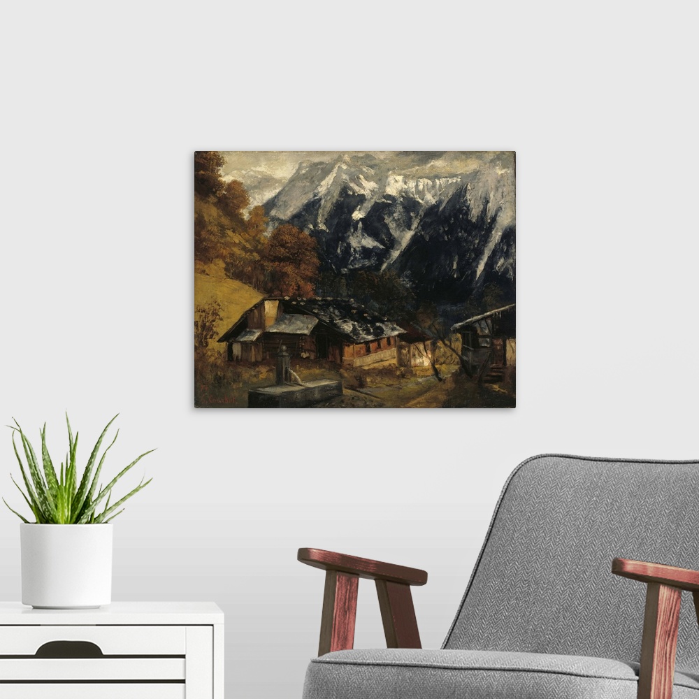 A modern room featuring An Alpine Scene, 1874, oil on canvas.