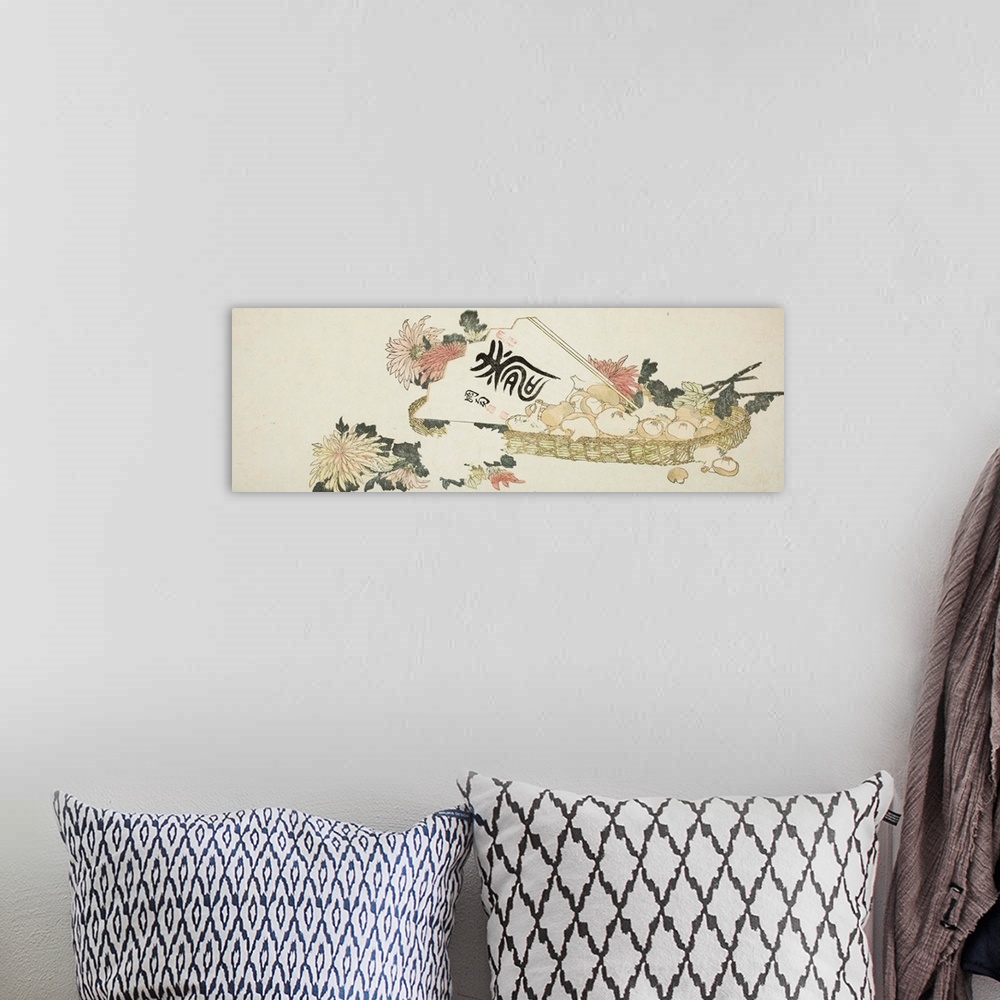A bohemian room featuring An Autumn Gift, colour woodblock print; surimono.