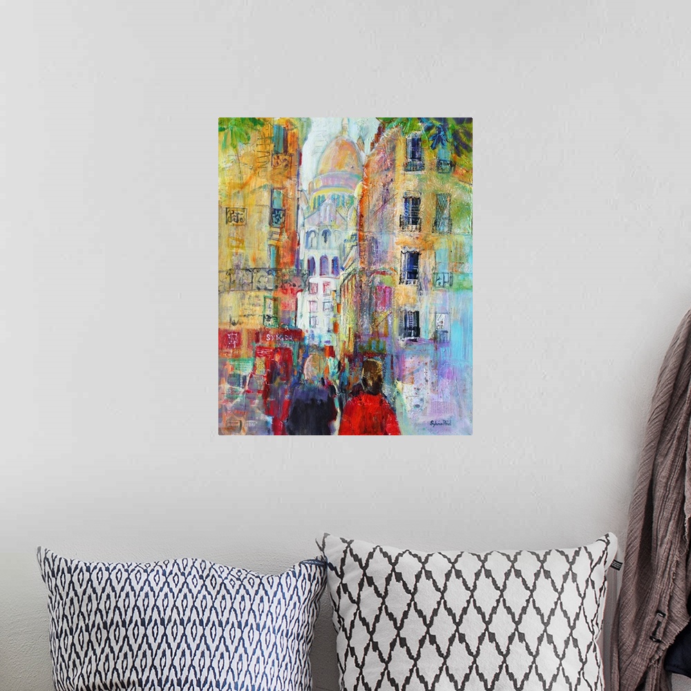 A bohemian room featuring Contemporary painting using bright vivid colors to show a city street scene.