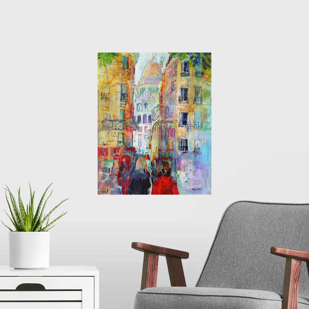 A modern room featuring Contemporary painting using bright vivid colors to show a city street scene.