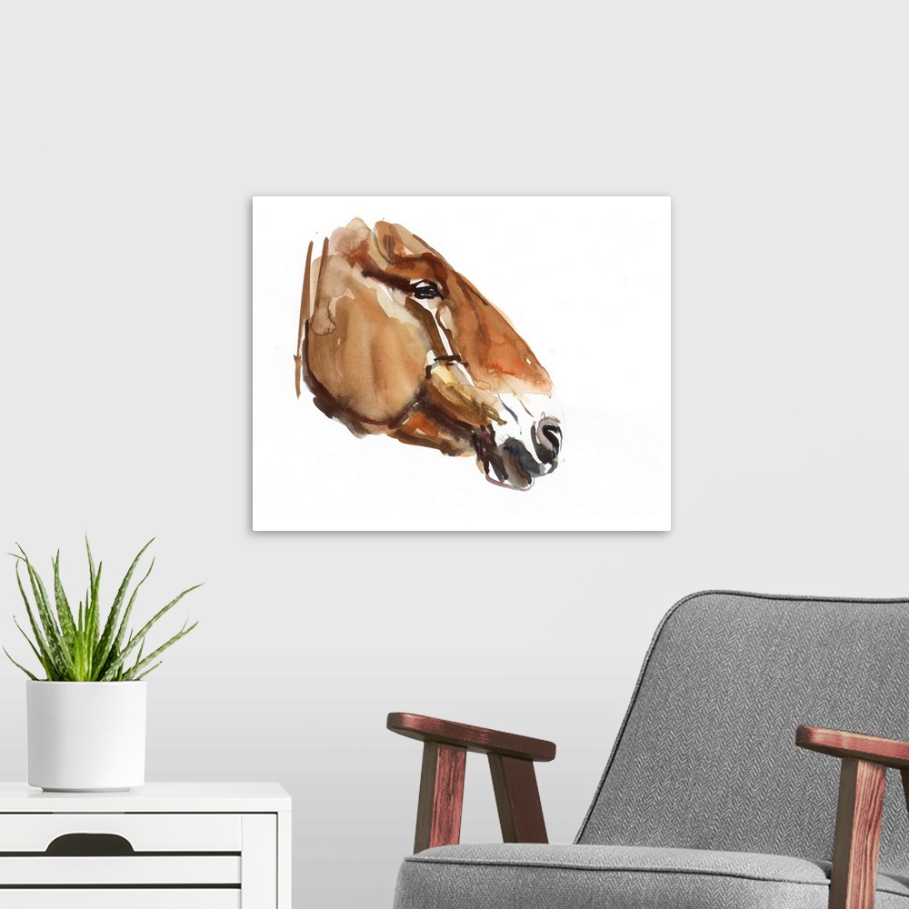 A modern room featuring Ancient Head (Przewalski) 2012, originally watercolor on paper.