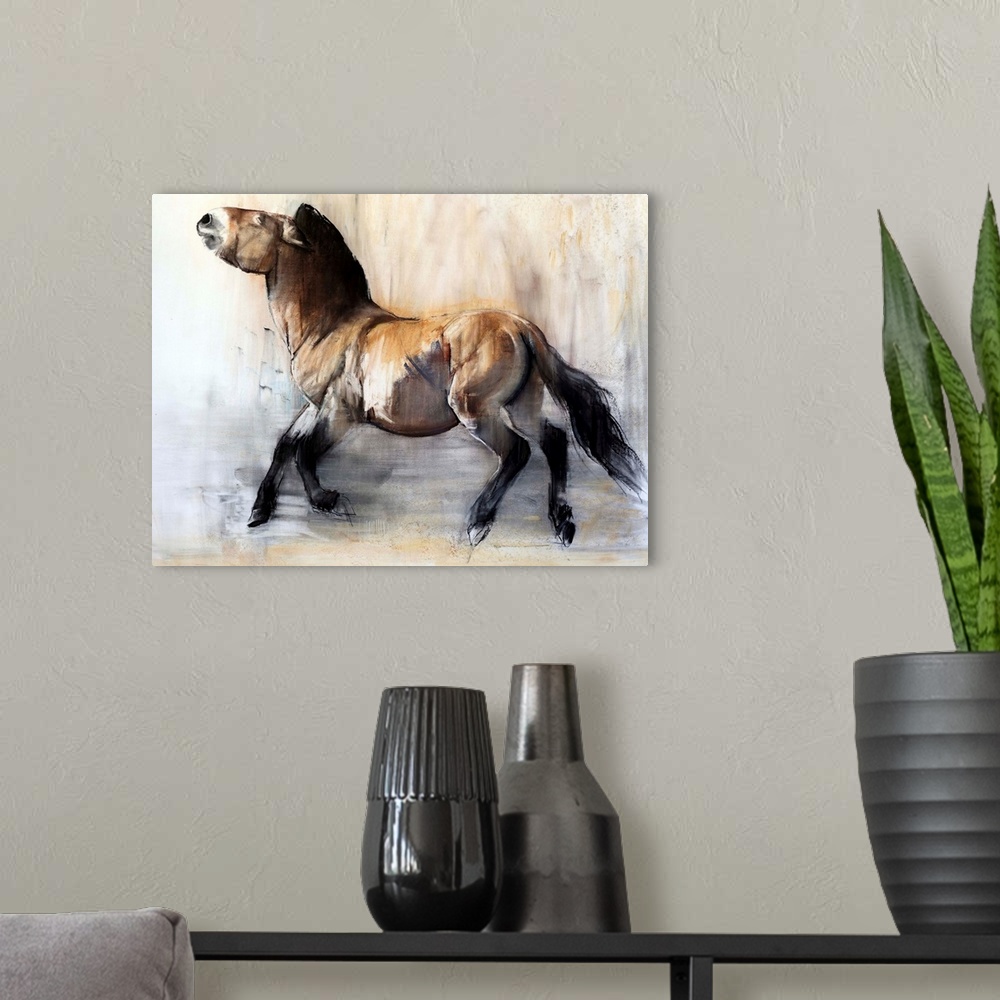A modern room featuring Ancient Horse (Przewalski in winter), 2014, originally pastel and charcoal on paper.
