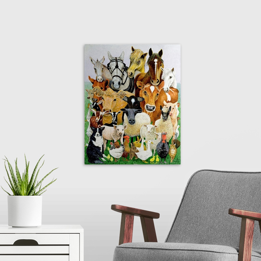 A modern room featuring Illustration of farm animals and livestock including cows, horses, pigs, geese, chickens, sheep, ...