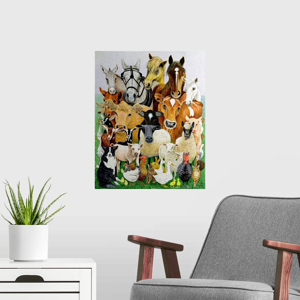 A modern room featuring Illustration of farm animals and livestock including cows, horses, pigs, geese, chickens, sheep, ...