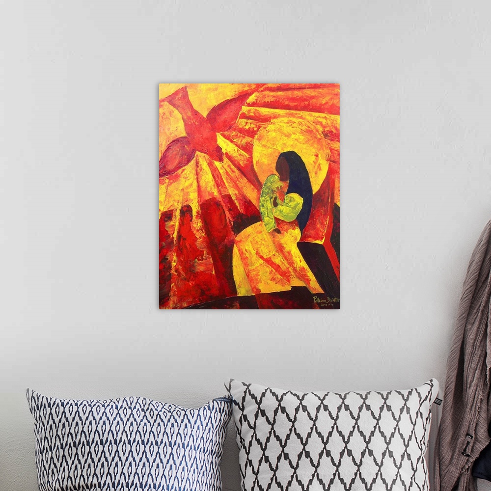 A bohemian room featuring Contemporary religious painting of the Virgin Mary being visited by an angel.