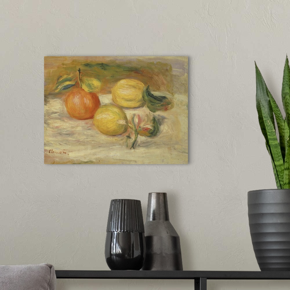 A modern room featuring Apples And Two Lemons (Originally oil on canvas)
