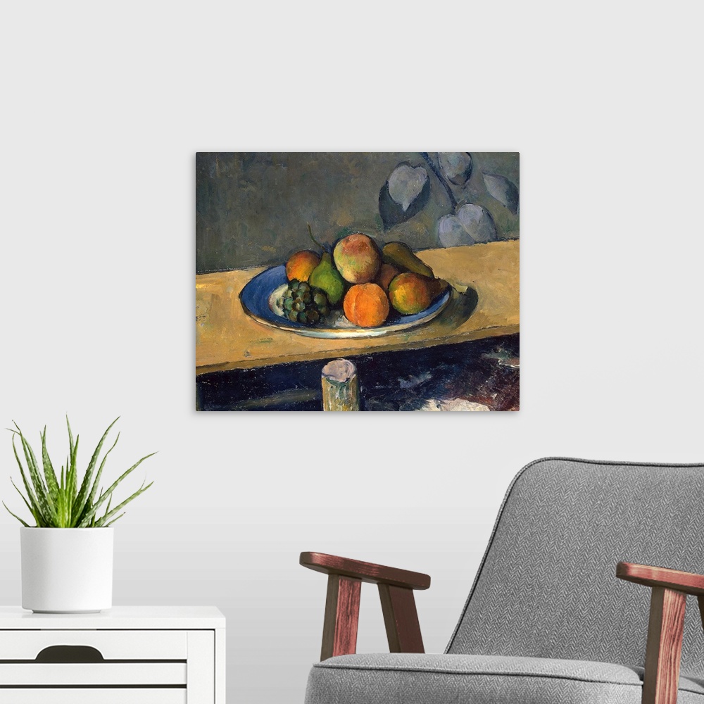 A modern room featuring A classic artwork piece of a plate of fruit that sits atop a wooden table.