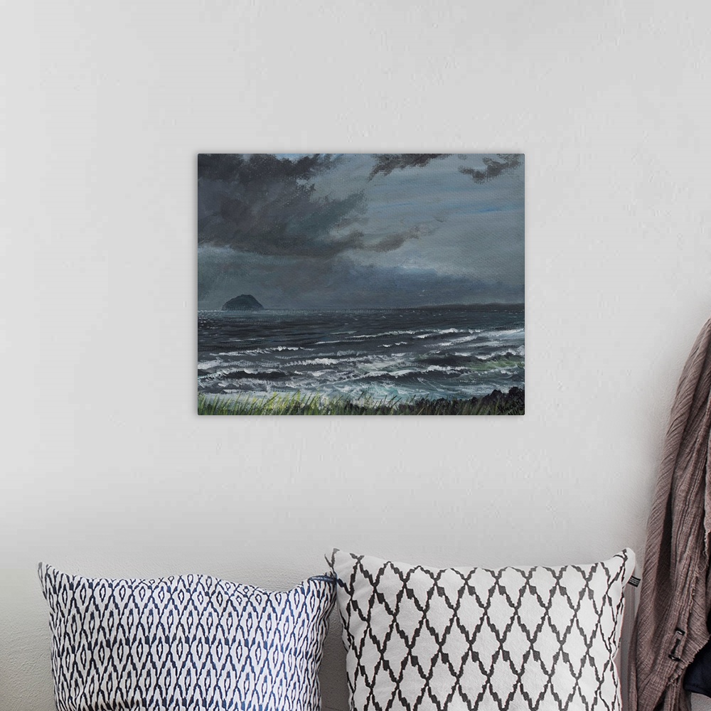 A bohemian room featuring Contemporary painting of an idyllic seascape under stormy clouds.