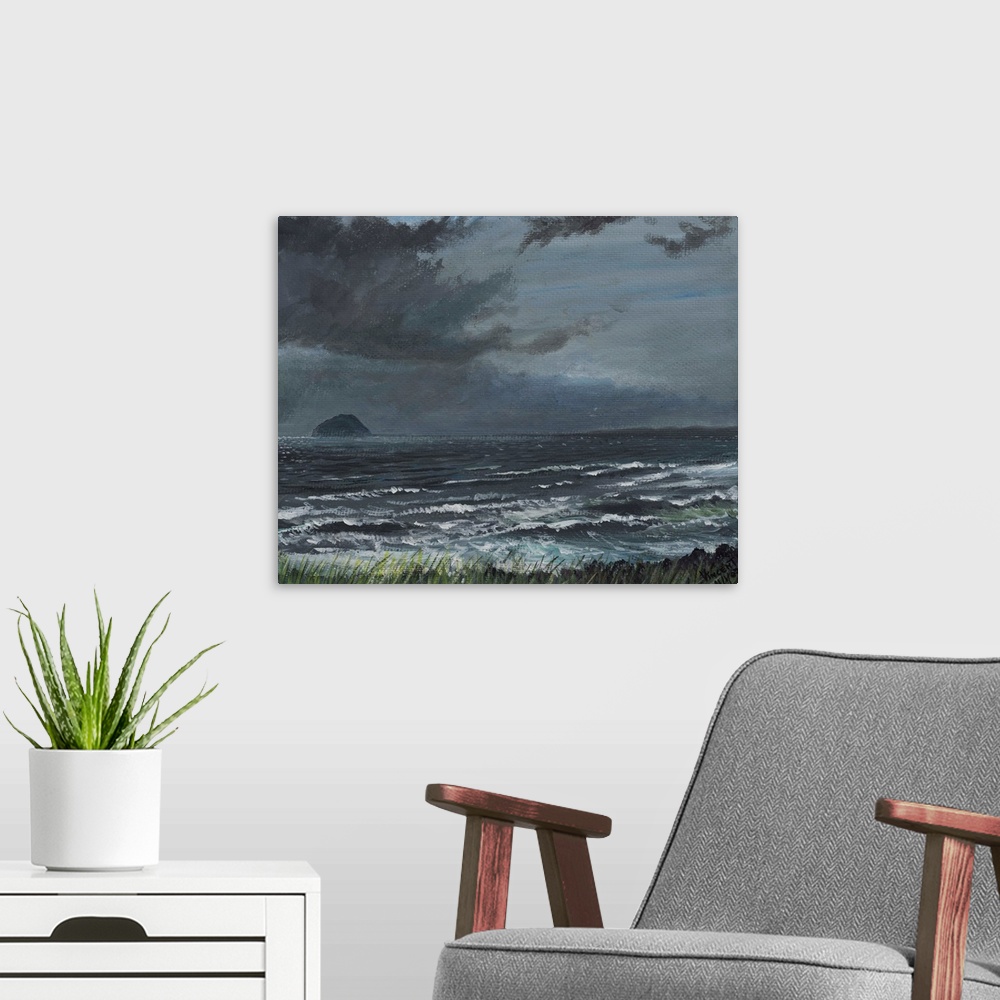 A modern room featuring Contemporary painting of an idyllic seascape under stormy clouds.