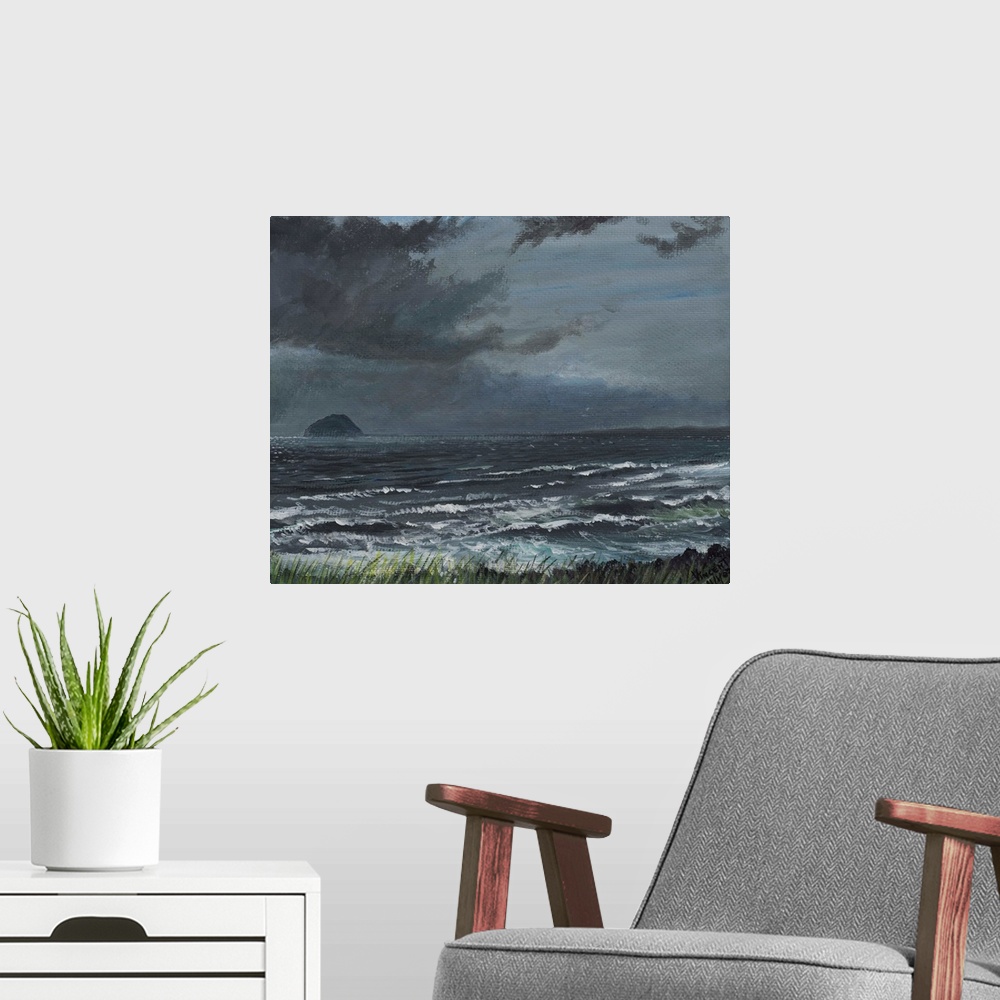 A modern room featuring Contemporary painting of an idyllic seascape under stormy clouds.