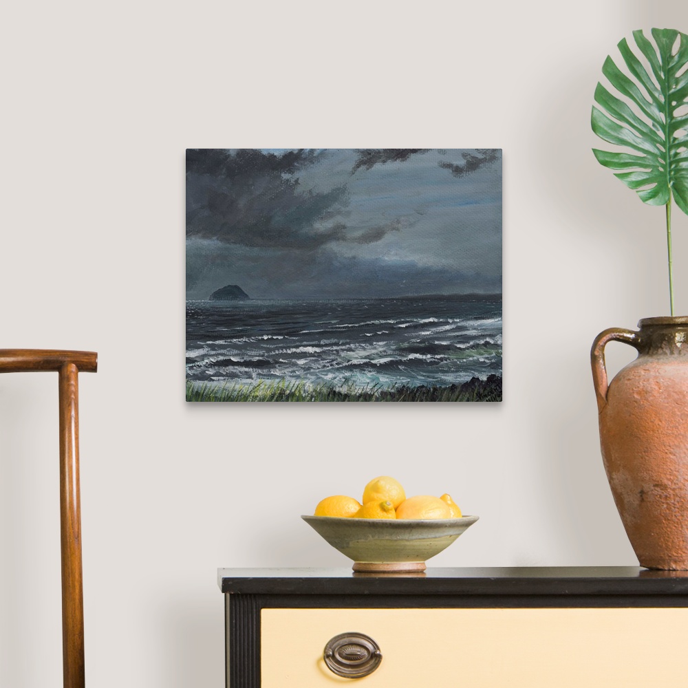 A traditional room featuring Contemporary painting of an idyllic seascape under stormy clouds.