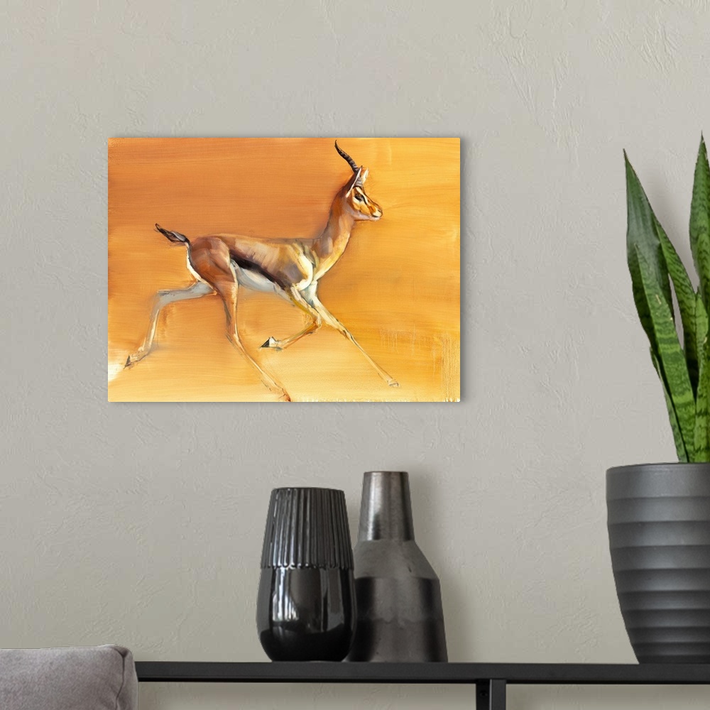 A modern room featuring Contemporary wildlife painting of an Arabian Gazelle in the desert.