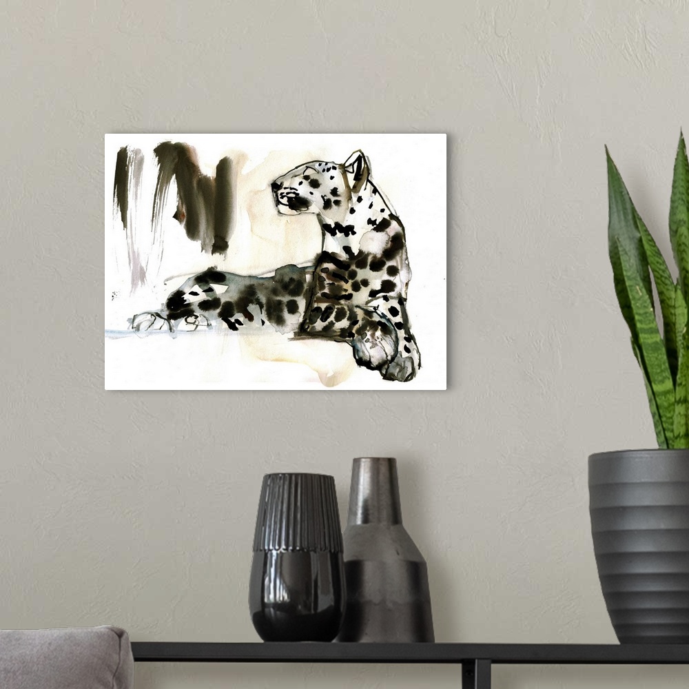 A modern room featuring Contemporary wildlife painting of an Arabian Leopard.