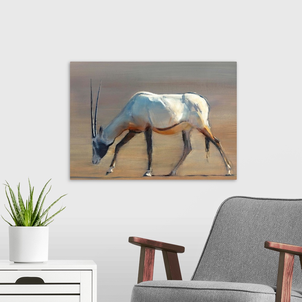 A modern room featuring Contemporary wildlife painting of an Oryx grazing in the desert.