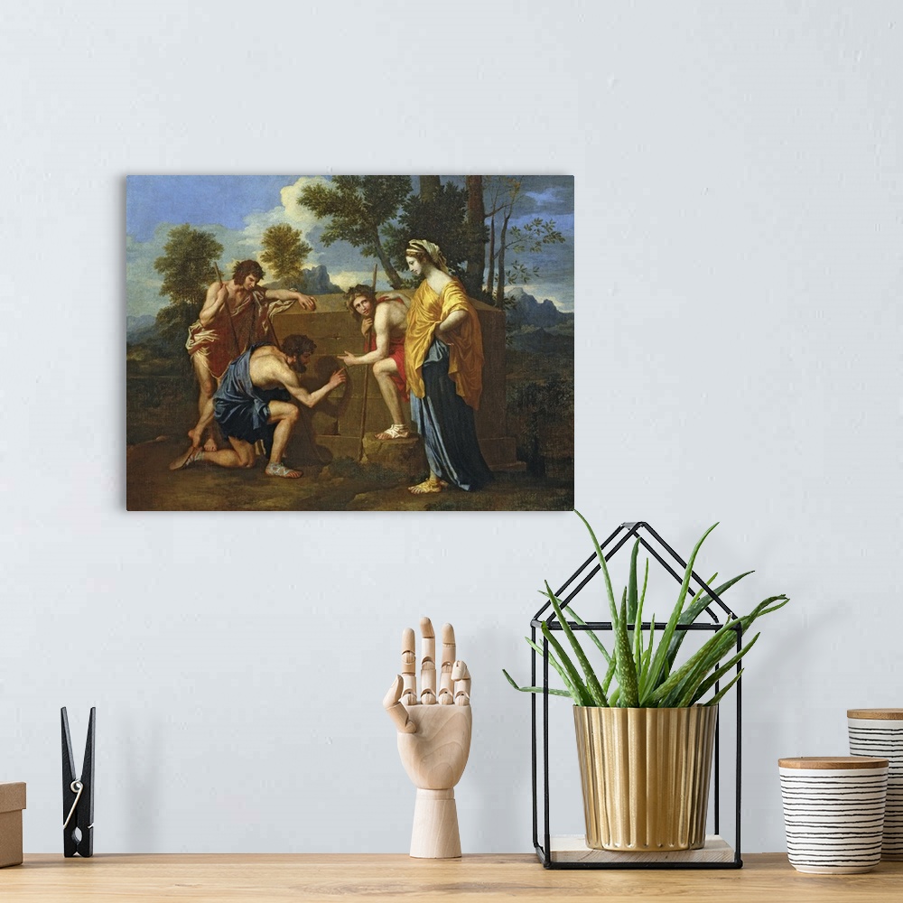 A bohemian room featuring XIR28367 Arcadian Shepherds (oil on canvas)  by Poussin, Nicolas (1594-1665); 85x121 cm; Louvre, ...