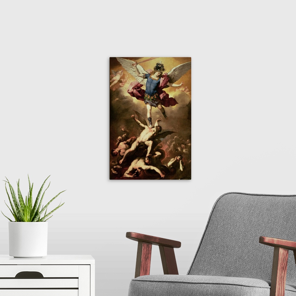 A modern room featuring XAM72454 Archangel Michael overthrows the rebel angel, c.1660-65  by Giordano, Luca (1634-1705); ...
