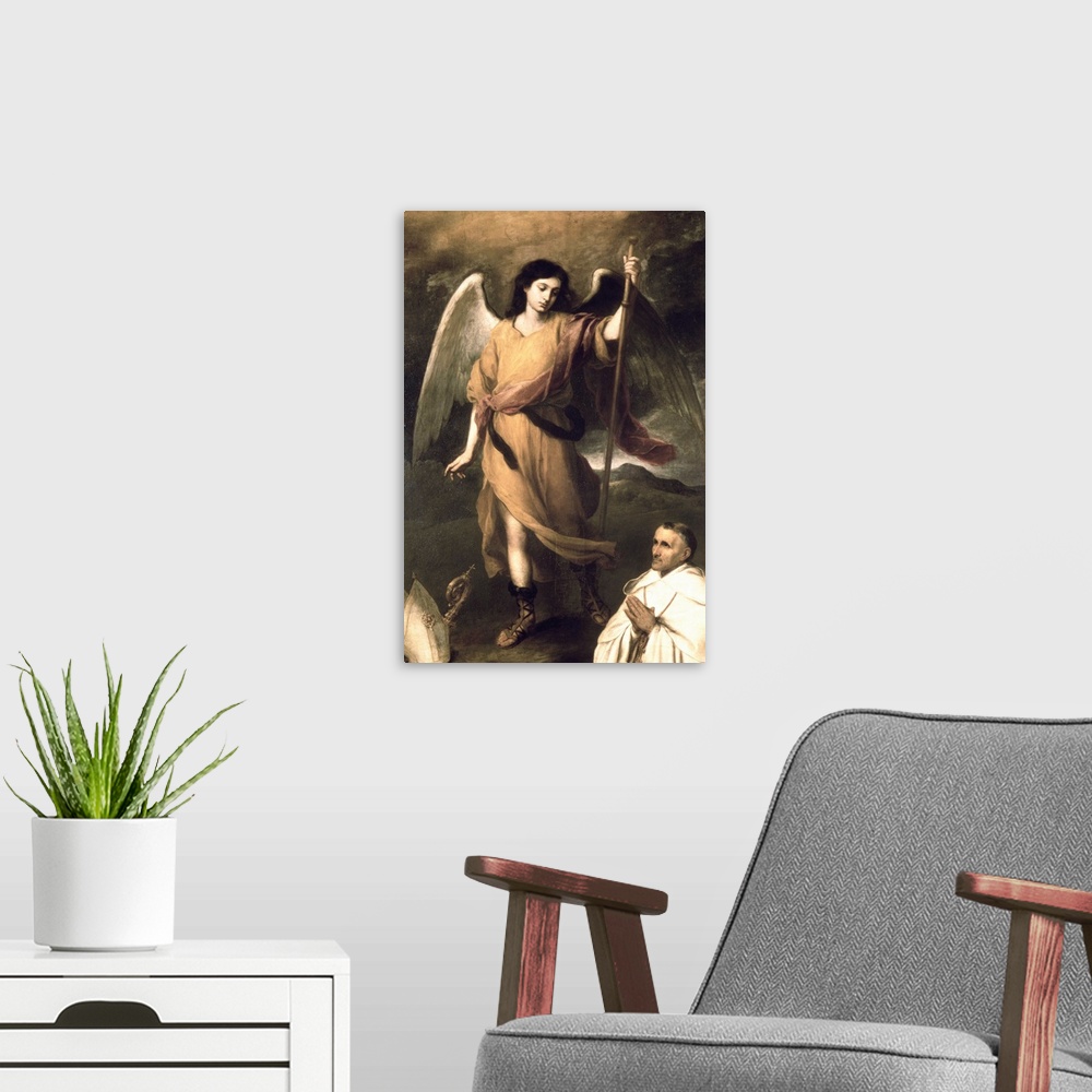 A modern room featuring Archangel Raphael with Bishop Domonte (oil on canvas) by Murillo, Bartolome Esteban (1618-82) Pus...