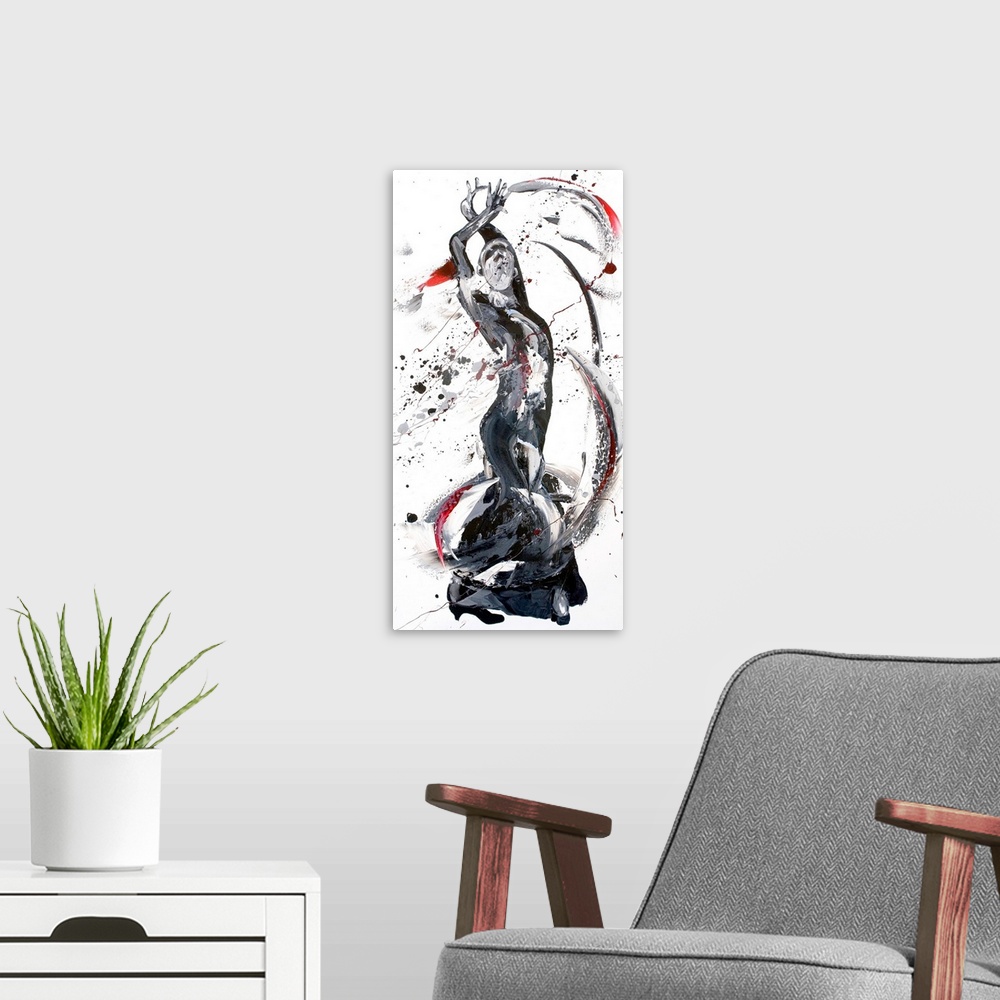 A modern room featuring Contemporary painting using black and gray colors to create a woman dancing against a white backg...