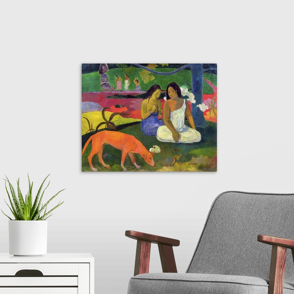 A modern room featuring XIR17259 Arearea (The Red Dog), 1892 (oil on canvas)  by Gauguin, Paul (1848-1903); 75x94 cm; Mus...