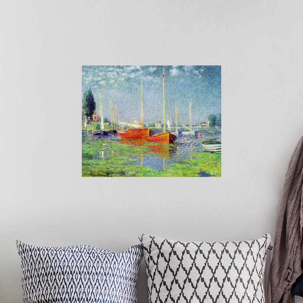 A bohemian room featuring Oversized, horizontal, classic painting of numerous boats floating in calm waters of blue and gre...