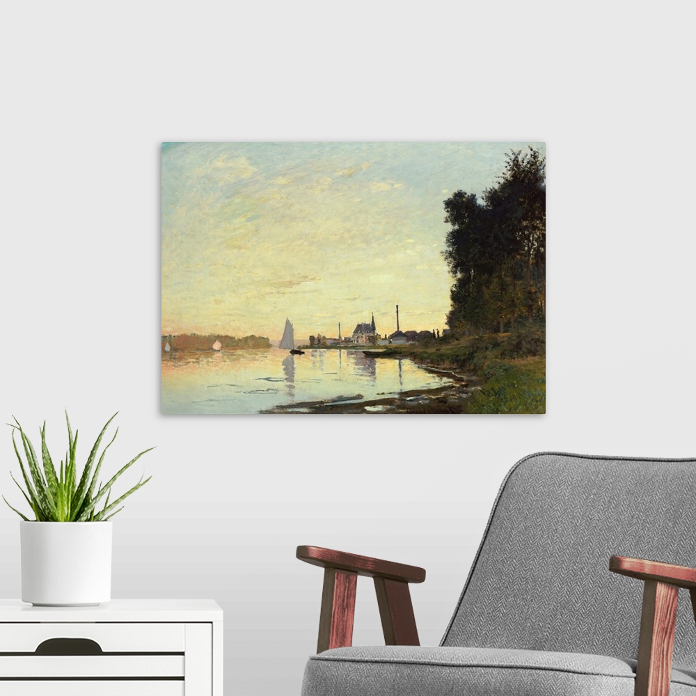 A modern room featuring Classic artwork of sail boats in a body of water with grass land and trees lining the right side....