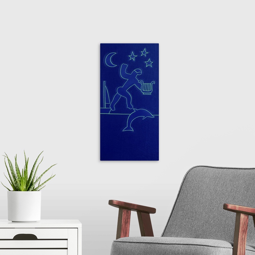 A modern room featuring Arion and the dolphin, 2019. Originally oil on linen.